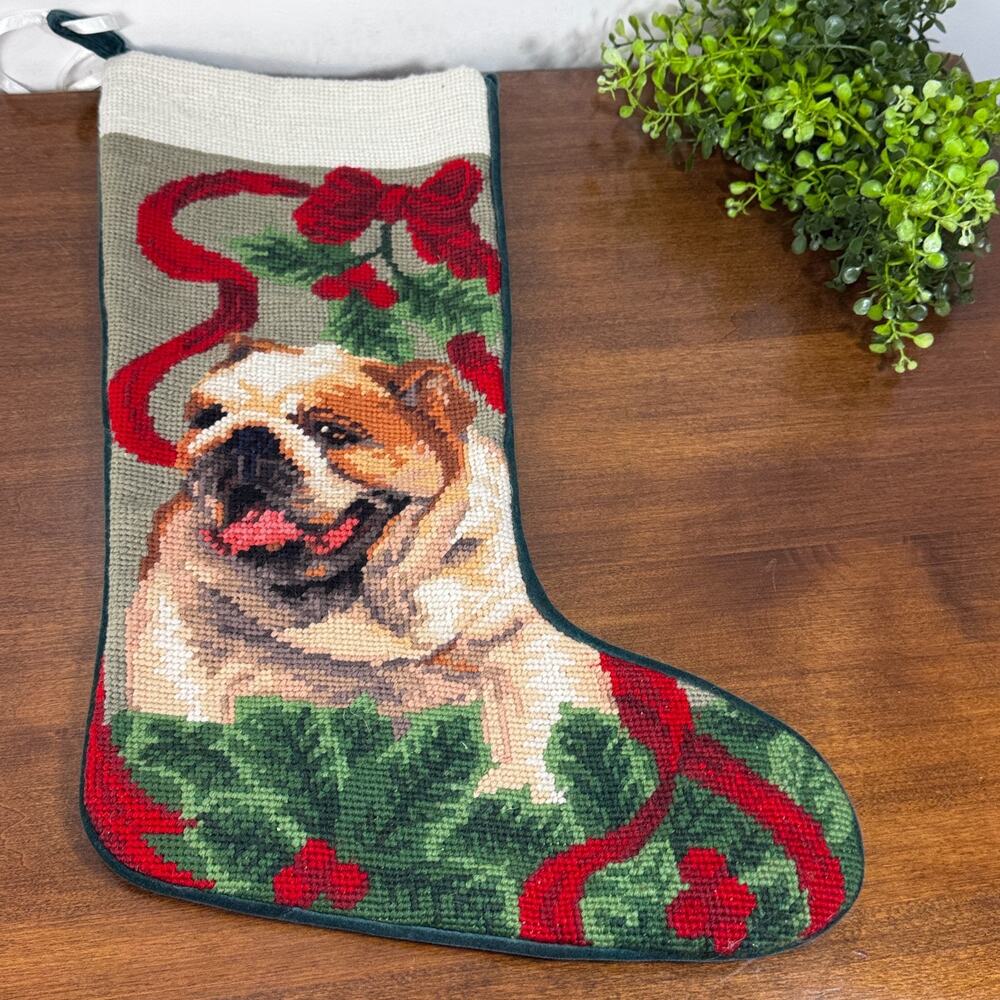 Vintage Bulldog Christmas Needlepoint Stocking Dog Holly Velour Backing